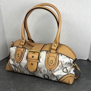 XOXO Monogram Jacquard Satchel Bag Tan Faux Leather Trim Gold Hardware Y2K Style